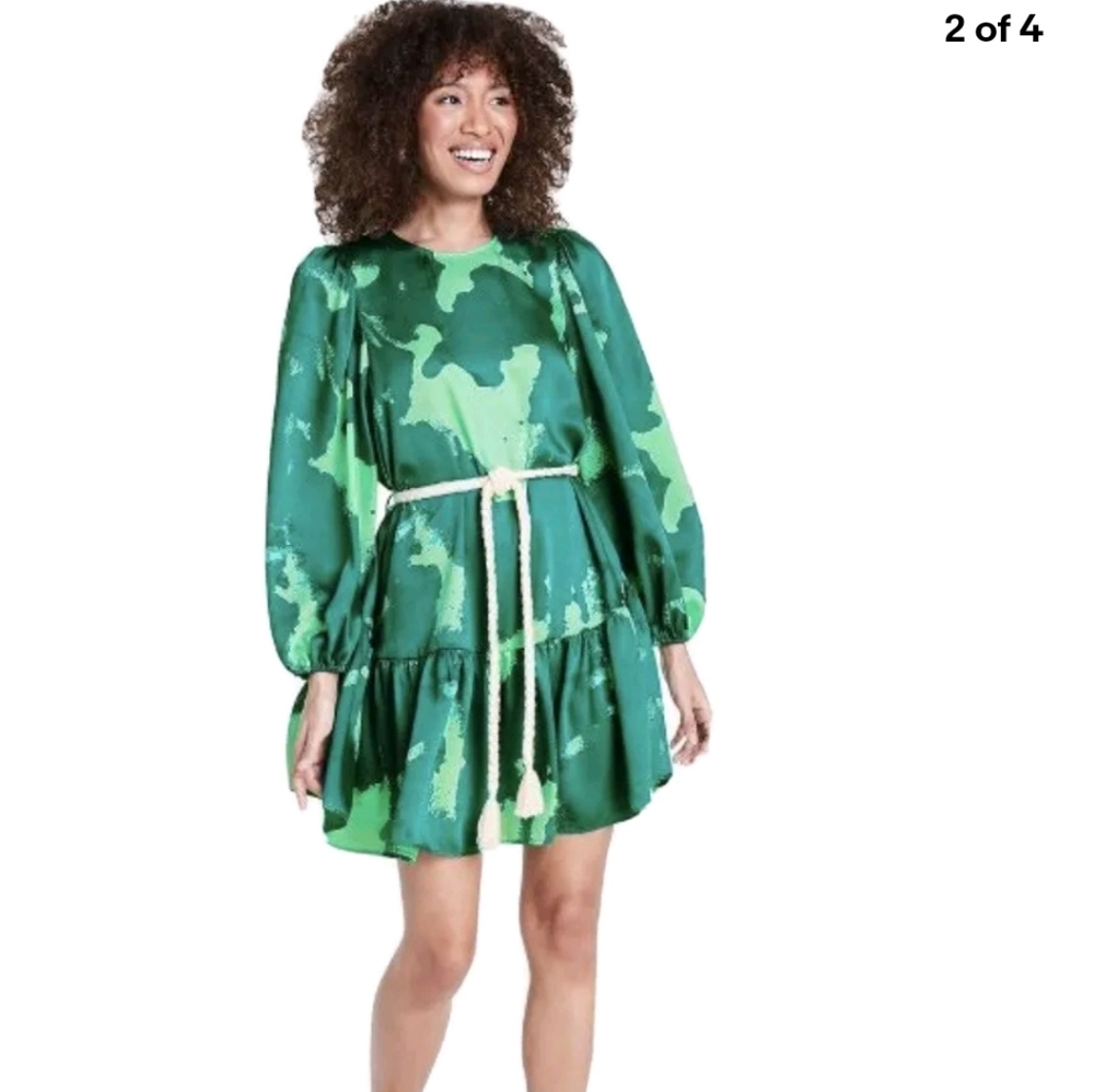 Alexis Green Abstract-Print Puff-Sleeve Mini Dress with Rope Tie